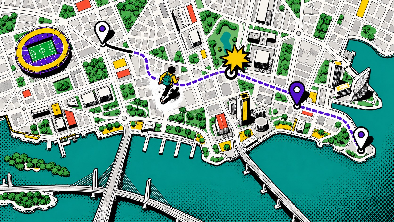 A Foona World explorer following a mission route through the city
